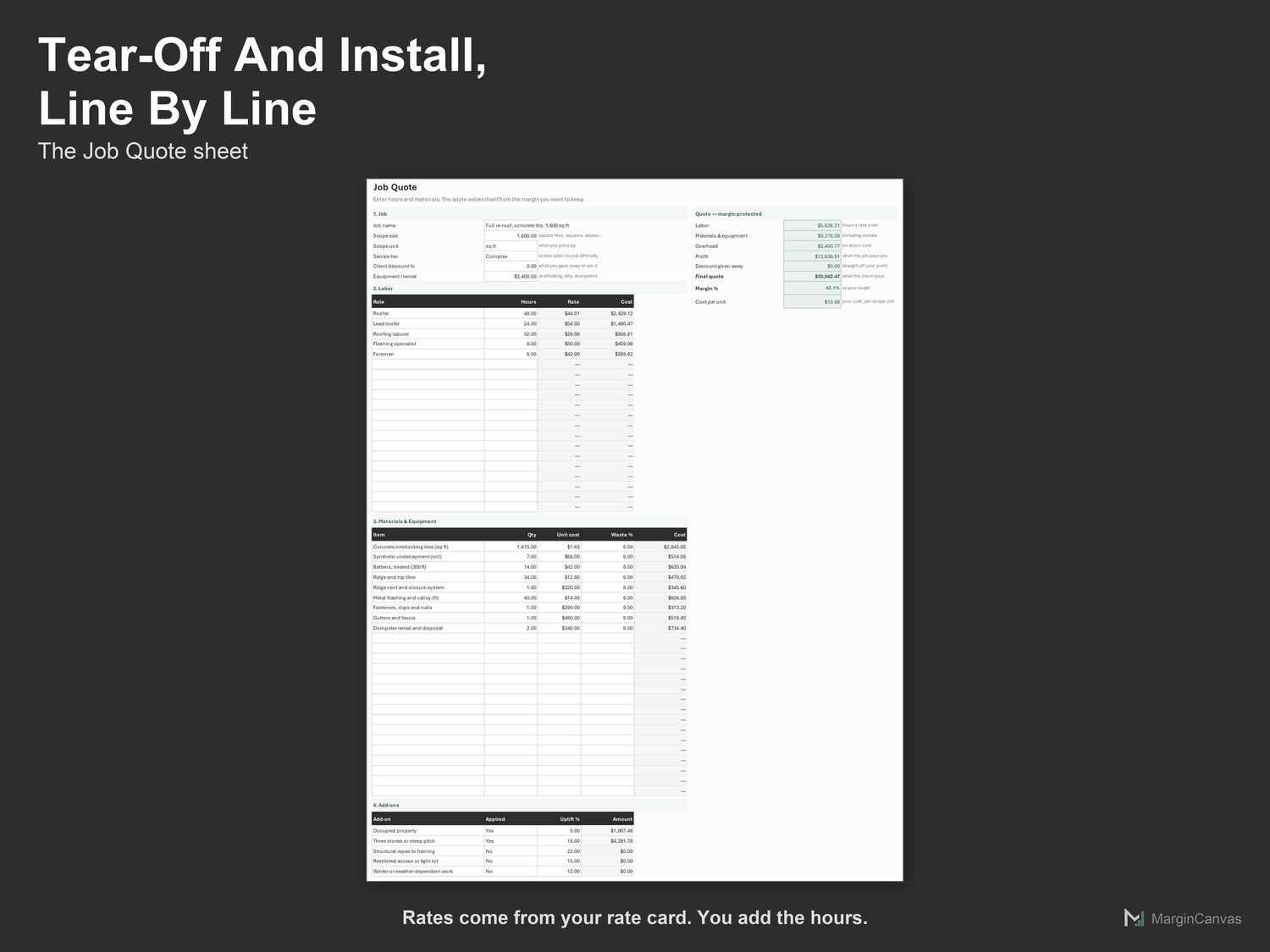Job Quote sheet with tear-off and install hours, materials and add-ons