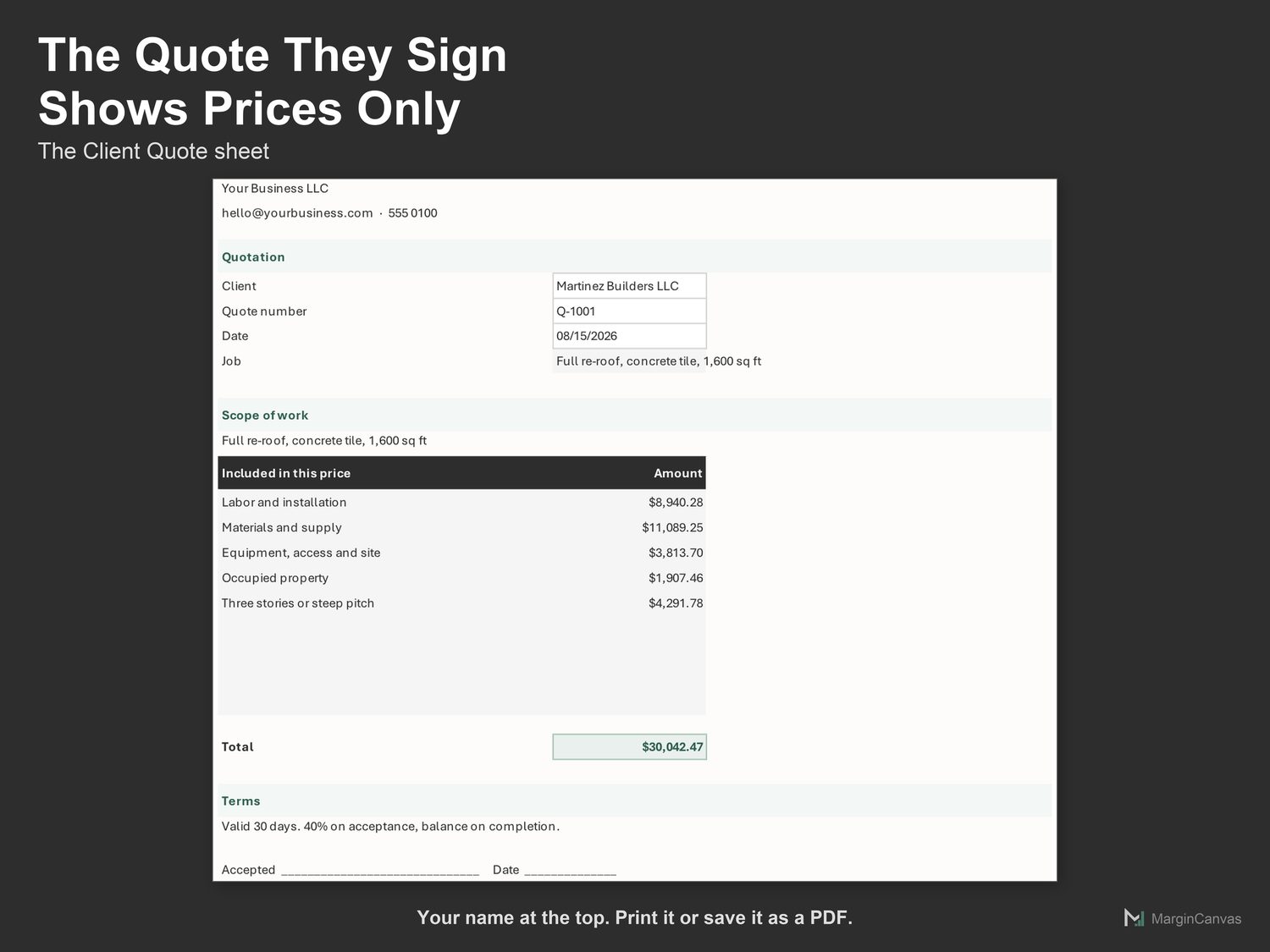 Client Quote sheet, a printable one page quote with prices only